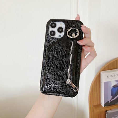 Etui til iPhone 14 Pro Max lychee-mønster myntveske kortholder svart japansk og koreansk
