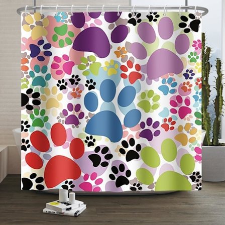 Duschdraperi med Hundtassar, Duschdraperi med Hundtassar, Husdjurskloavtryck Färgglatt Tecknat Hund- och Kattassars Duschdraperi 180x200cm