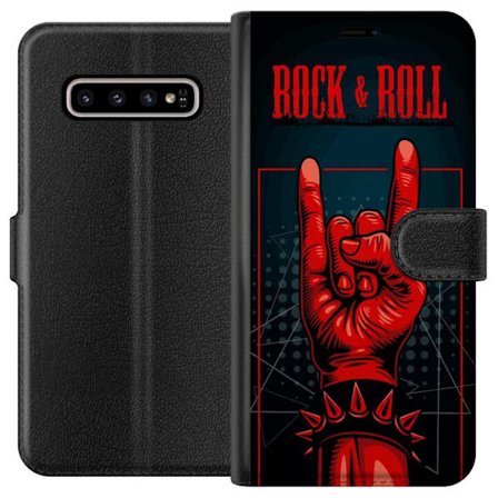 Kompatibelt Lommeboketui til Samsung Galaxy S10+ Rock & Roll håndtegn – Rødt og sort motiv med heavy metal inspirasjon
