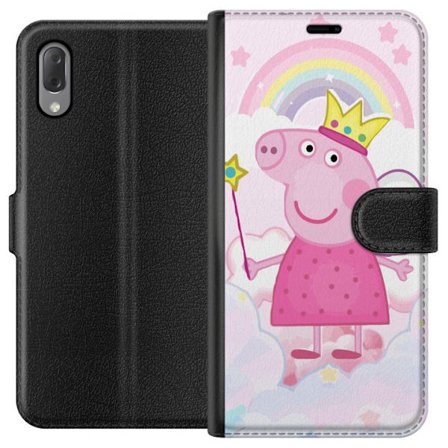 Yhteensopiva Lompakkokotelo Sony Xperia L3 Peppa Pig prinsessamotiivi kruunulla, siivillä ja sateenkaarella, satumainen lasten kuvitus pilvitaustalla