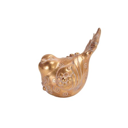 Kultainen polyresiiniharjakoriste, lintu, 12x11x17 cm