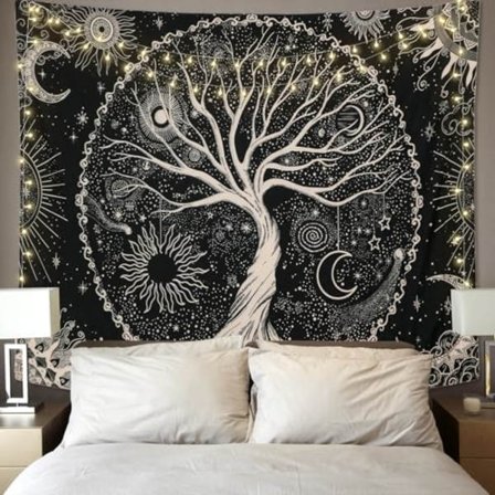 Livets Træ Vægtæppe Måne og Sol Sort Væghængende Vægtæppe Psykedelisk Stjernetæppe Mandala Vægtæppe Hippie Vægdekoration til