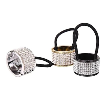 Rhinestone Glitter Hestehaleholder Mansjett Metall Hårstrikker Gothic Punk Hårholder Elastisk Hårbånd Tau (3 stk, Svart+gull+sølv)