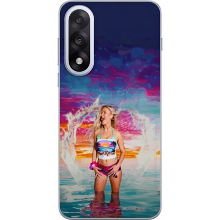 Kompatibelt Mobildeksel til OnePlus Nord 5 Blond kvinne i fargerik strandantrekk som leker i havet ved solnedgang