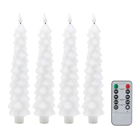 4 stk. Flammeløse LED-lys i juletræsform med 3D-flamme, batteridrevne lys med fjernbetjening og timer til boligindretning