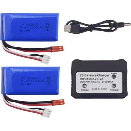 2 kpl Lipo-akkua 7.4V 1100mAh laturilla | WLtoys A949, A959, A979, K929 Yleinen yhteensopivuus | Suuri kapasiteetti, sininen