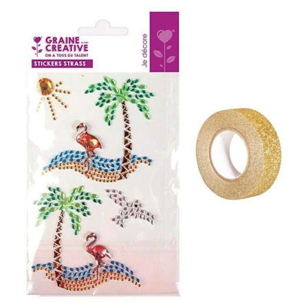 4 rhinestone stickers 15 x 9,5 cm Paradisø + guldglimmer malertape 5 m
