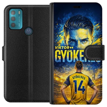 Kompatibelt Lommeboketui til Motorola Motorola Moto G50 Viktor Gyökeres fotballplakat i gult og blått med dramatisk stadionbakgrunn, sportillustrasj