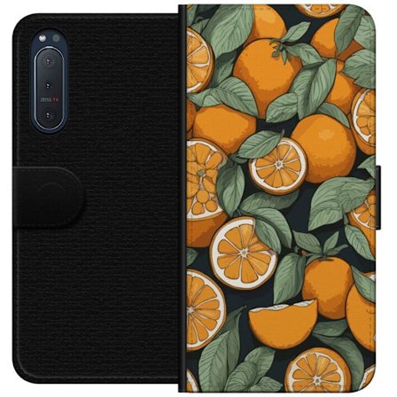 Yhteensopiva Lompakkokotelo Sony Xperia 5 II Illustraatio sitruskuviolla, jossa appelsiinit ja vihreät lehdet tummalla taustalla koristeelliseen tyyl