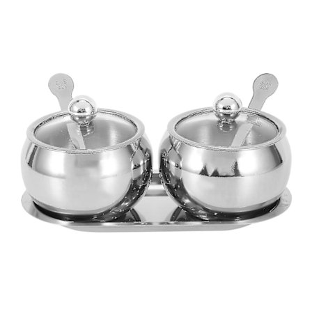 Sockerskål med lock och sked, 2 rostfria kryddburkar, silver