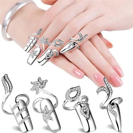 IC Strass Nagelring Fingerspets Justerbar Åbning Nail Art Charms Tilbehør Til Kvinder Piger, Sølv