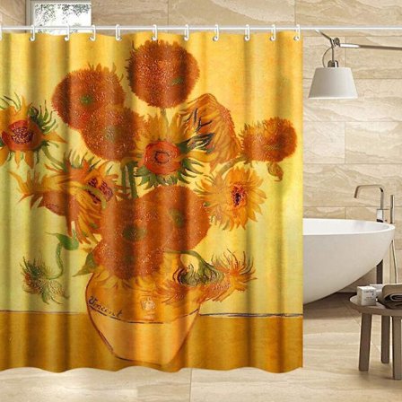 Extra Långt Duschdraperi Set med Krokar, solrosor av Van Gogh, konstnärliga målningar för badrum