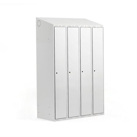 Garderobeskap, 4 seksjoner, skrått tak, H1900 B1200 D550 mm, grå
