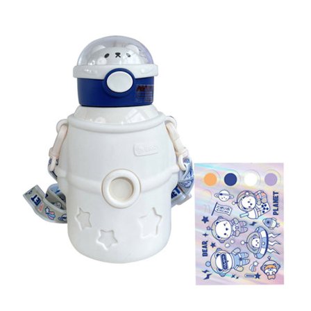 Kannettava Kawaii Eristetty Ruostumattomasta Teräksestä Valmistettu Juomapullo 500ml Söpö Astronautti Karhu -kuvio Pillillä Kouluun Kuntosalille 