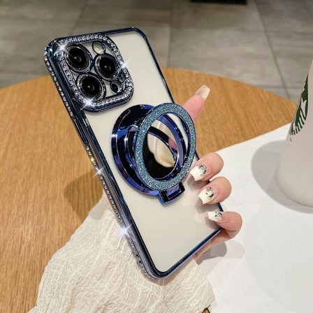 RYI_Transparent Magnetisk Glitter Flip Makeup Spejl Holder Telefon Cover Kompatibel med iPhone 16 15 14plus Promax
