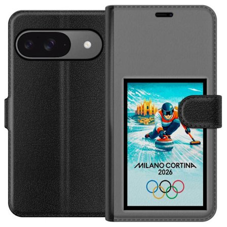 Kompatibel Tegnebogsetui til Google Pixel 9 Ishockeyillustration med spillere i bevægelse på isen, Milano Cortina 2026, Milano-landemærker og olympisk