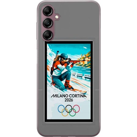 Kompatibelt Mobildeksel til Samsung Galaxy A14 5G Retroplakat Cortina Milano 2026 med fjell, vintersportsutøvere, italienske trikolor, Milano-katedral