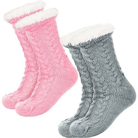 2 stk. Varme Slipperstrømper, Skridsikre Slipperstrømper - grå+rosa