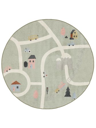 Washable Kids Rug Playful Road Motif Road Map Green/Multicolor Round Small Oeko-Tex