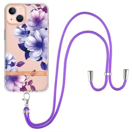 YB IMD-seriens fleksible telefonetui iPhone 13 mini 5,4 tommer, IMD IML-telefonbeskyttelsescover med justerbar nøglesnor - Lilla Begonia Purple