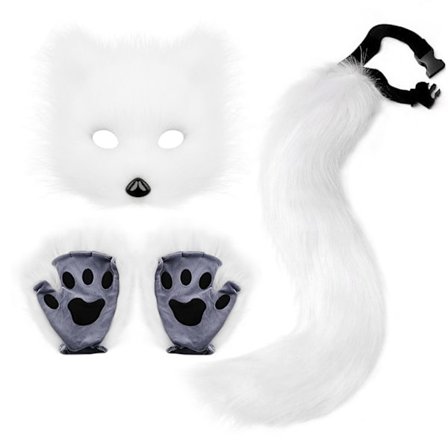 Kunstig Pels Rævehale Kat Varulv Cosplay Kostume Sæt Plys Maske Fluffy Potehandsker Halloween Jul Hvid Whit_yux