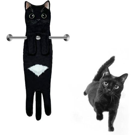 Kattformade absorberande handdukar, söta djurhanddukar, handdukar för kök och badrum (svart katt)