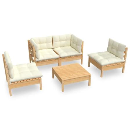 Vidaxl Loungegrupp Med Gräddvita Dynor 5 Delar Massiv Furu Creme