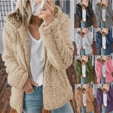 Dame Fleece Fluffy Hettegenser Langermet Jakke Vinter Varm Teddybjørn Cardigan Khaki