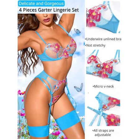 Blommig Broderad, Underwired, T-String, Strumpeband, 4-Delat Lingeri Blue