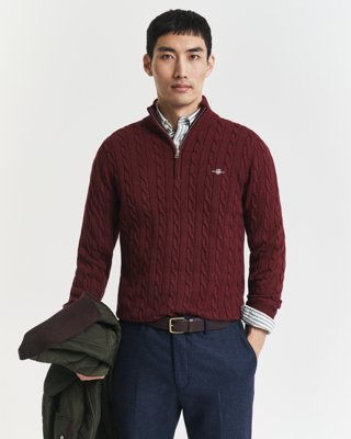 GANT - Kabelstrikket genser med half-zip til herre bordeaux melange