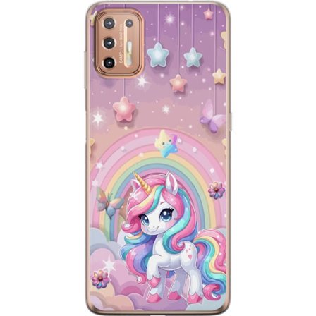 Kompatibelt Mobildeksel til Motorola Moto G9 Plus Magisk enhjørning med regnbue manke, stjerner og sommerfugler mot en pastellhimmel med skyer