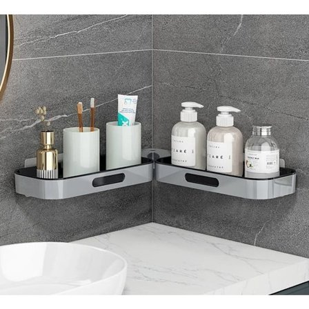 Kääntyvä suihkuhylly, kylpyhuonehylly, kylpyhuoneen säilytyshylly – Itsekiinnittyvä, kylpyhuone, harmaa