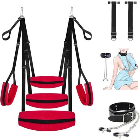 Huske for par, justerbar dørhuske med polstrede stropper, avtakbar krage og brystvorteklemmer for bondage-rollespill, moro på soverommet og romantiske