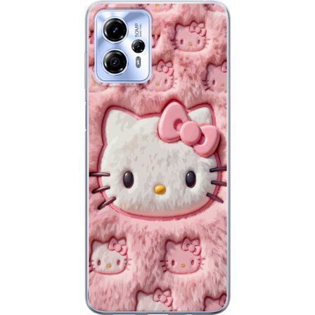 Kompatibelt Mobildeksel til Motorola Moto G13 Hello Kitty rosa fluffy bakgrunn med ikoniskt ansikt og kawaii-estetikk
