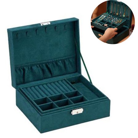 Kvinners smykkeskrin arrangør 2 lag stor låsbar display smykkeholder for halskjede ørepynt ring, mørkegrønn