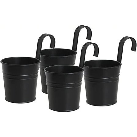 Black Metal Iron Hanging Flower Pots, Durable Buckets with Detachable Hook Hanging Planters for Outdoor Indoor 4 Pack