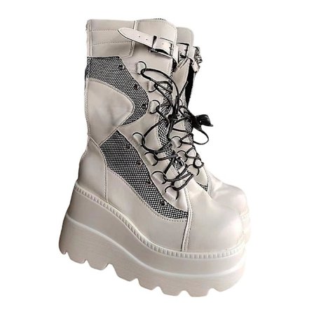 Plattformstøvletter Dame Spennestropp Punk Goth Støvel Dame Gotiske Snøresko Str Hvit