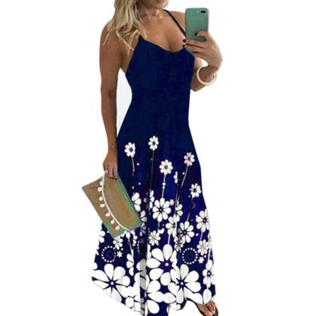 Vintage Print Klänning Sexig Spaghetti Strap V-ringad Lång Kvinna