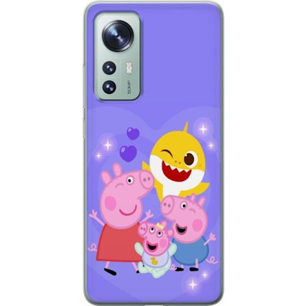 Kompatibel Mobilcover til Xiaomi 12 Peppa Gris mønster med hjerter, sommerfugle og venner, lyserød baggrund i bløde børneillustrationer