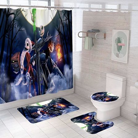 Joker Halloween Duschdraperiuppsättningar, Halloween Badrumsdekor Set 71 Tum X 71 Tum - Duschdraperi Med Matta, Toalettlock, Badmatta - Halloween