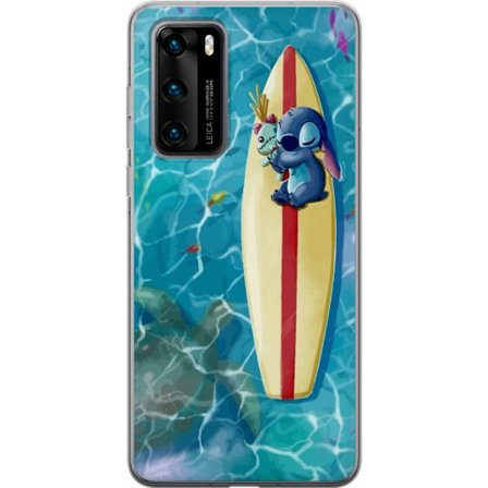 Kompatibel Mobilcover til Huawei P40 Afslappende illustration af Stitch der hviler på et surfbræt i klart turkisfarvet vand