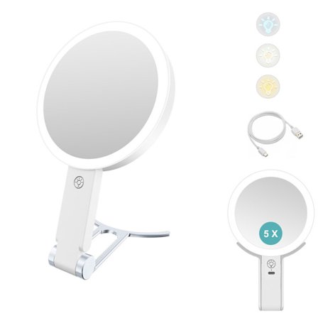 Makeup Mirror with Lights - Double Sided Magnifying Vanity Mirror, 3 Light Modes, Handheld, Wall Mount and Tabletop