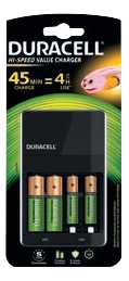 Duracell CEF14 batterilader - med 2 x AA 1300 mAh batterier og 2 x AAA 750 mAh