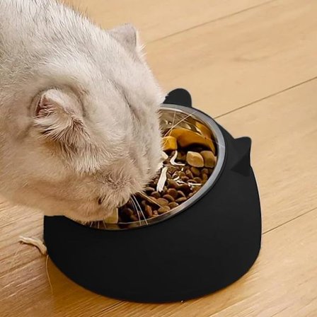 Katteskål i rustfritt stål, 15° vinkel, sklisikker og avtakbar, for enkel mating av katter (svart, 200 ml)