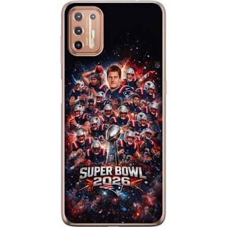 Yhteensopiva Puhelinkuori Motorola Moto G9 Plus Super Bowl 2026 juliste, jossa New England Patriots ja NFL-mestaruuspalkinto räjähtävän urheilullisess