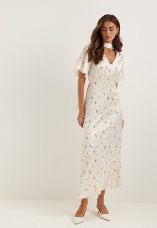 BUBBLEROOM - Satin Scarf Maxi Dress - White/Floral