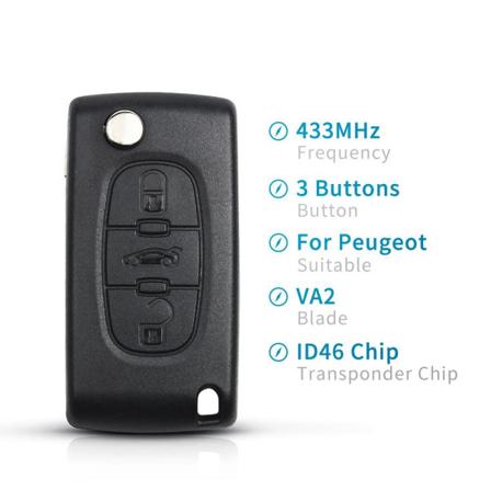 3-knapps fjärrnyckel CE0536 433MHz ID46 chip VA2 för Peugeot Svart M