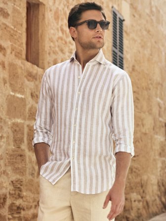 John Henric Men's Beige Block Striped Slim Fit Linen Shirt Size 44