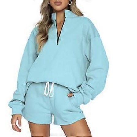 Dam Oversized Långärmad Lounge Set Casual Hoodies Sweatshirt Topp och Shorts 2-delad Outfit Träningsdräkt med Fickor Himmelsblå S(S Himmelsblå)