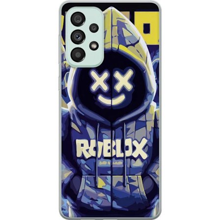 Kompatibelt Mobildeksel til Samsung Samsung Galaxy A73 5G Blågul Roblox hettegenserfigur med minimalistisk neonstil og masket ansikt, moderne spillil